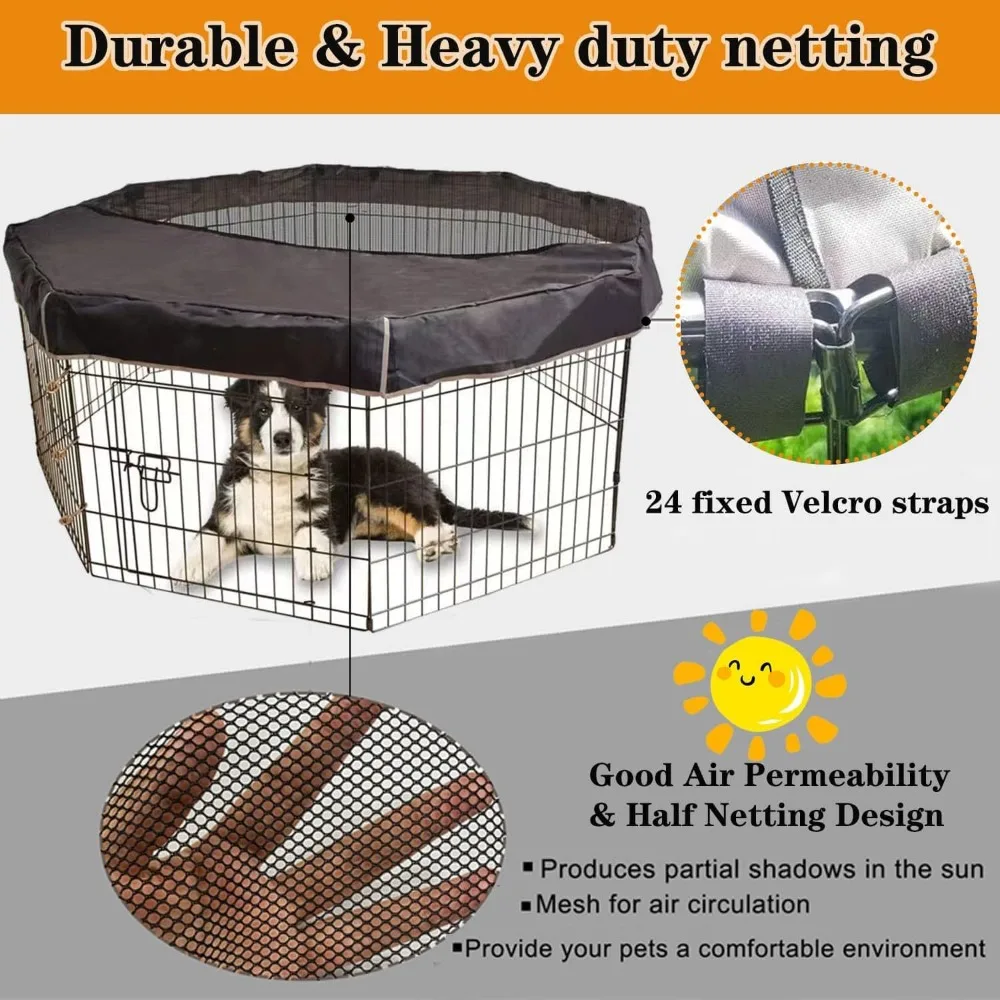 8 Panel Dog Playpen Cover Oxford Cloth Waterproof Kennel Shade Protector Mesh Windproof Pet Kennel Cover Weather Protection
