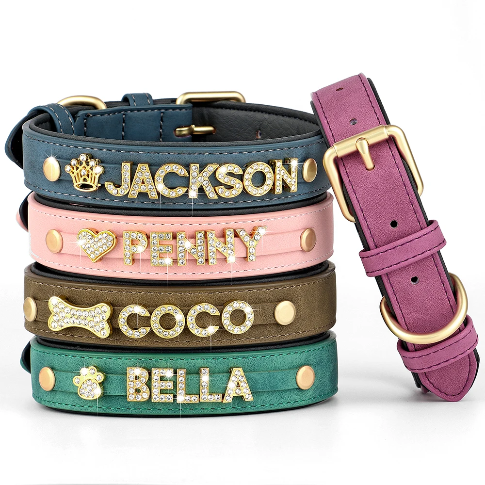 Customized Leather Dog Collar DIY Personalized Small Medium Dogs Chihuahua Pitbull Necklace Free Name Charms Pet Accessories