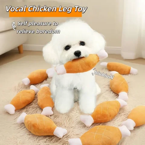 Chicken Leg Shaped Squeaky Plush Dog Toy Soft Chewable Pet Teething Toy Interactive Solution to Stop Furniture Chewing for Pu