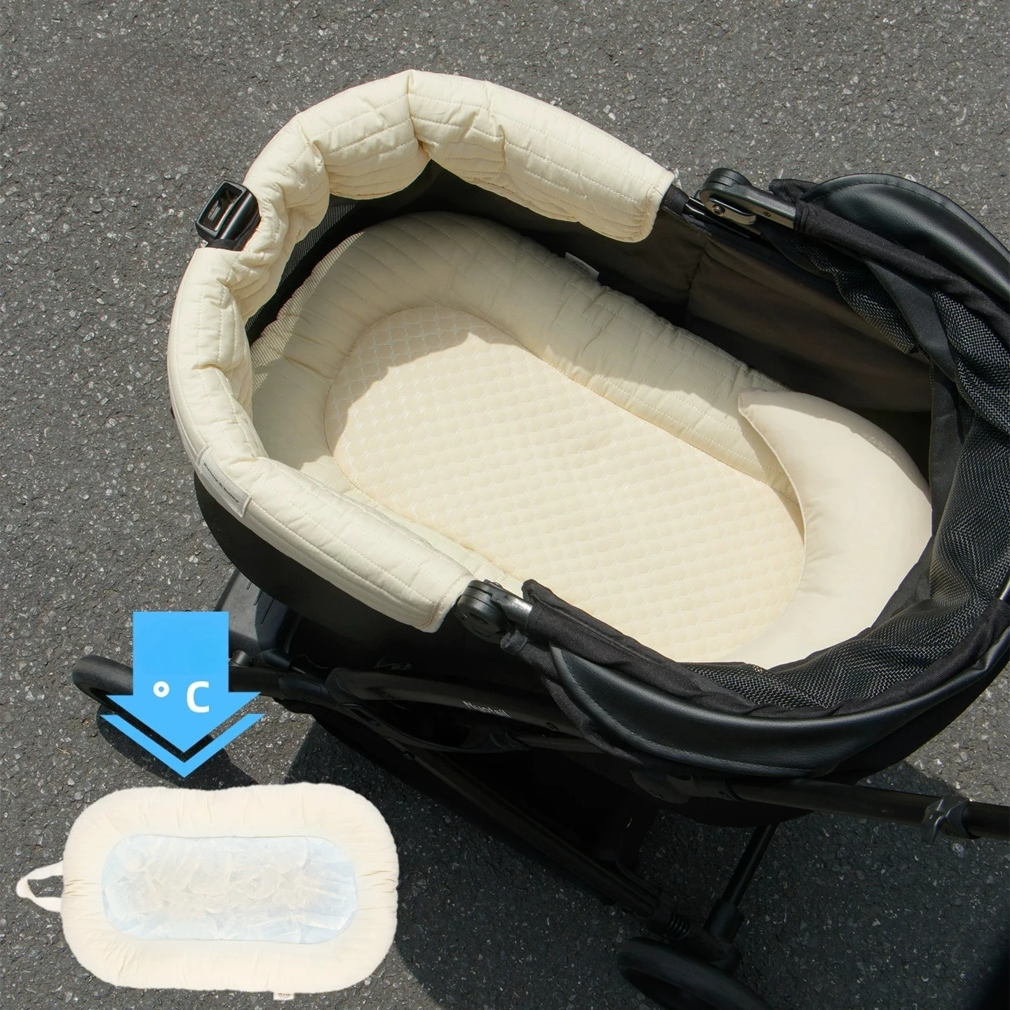 Cooling Pet Stroller Pad Insert – Breathable Ice Silk Dog Pram Cushion Liner – Temperature-Drop Stroller Bed with Bolstered E