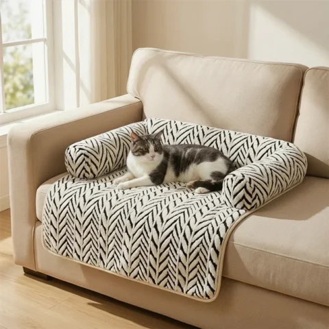 Pet Sofa Bed Mat with Side Bolsters Soft Fluffy Couch Protector Mat Anti-slip Dog Cat Bed Sleeping Cushion for Small Medium P