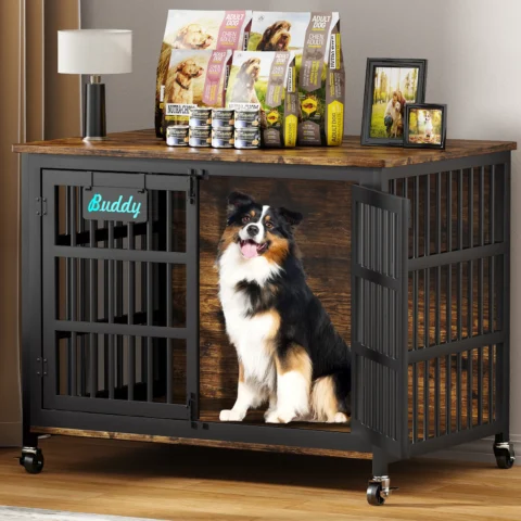 Dog Crate Furniture with Casters,Heavy Duty Dog Kennel Indoor for Large and Medium Dogs,Decorate House as TV Stand,Bedside Ta
