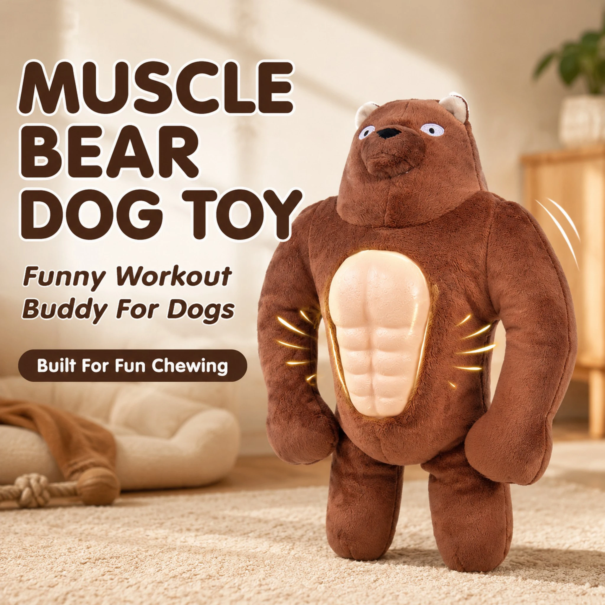 Squeaky Muscle Bear Dog Toy Plush Interactive Chew Toy Natural Rubber Belly Built in Squeaker for Small Medium Large Dogs Pla