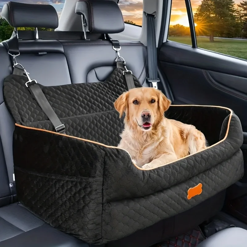 Dog Car Seat Booster Cushion with Memory Foam - Secure Strap Installation, Thick Padding & Storage Bag - Heavy-Duty Travel Be