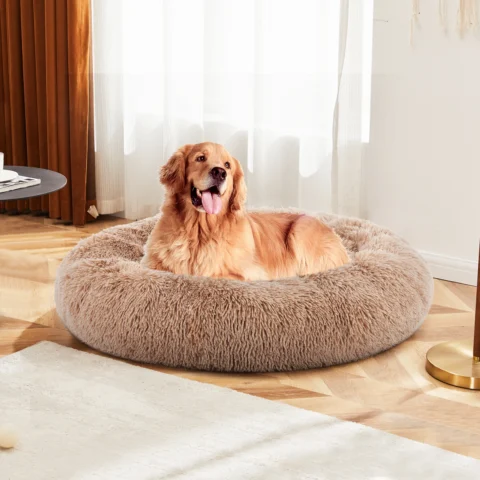MCQ Round Faux Fur Plush Dog Bed Anti-Slip Bed Machine Washable Cuddler Warming Cozy Fluffy Faux Fur Plush Round Pet Bed for 