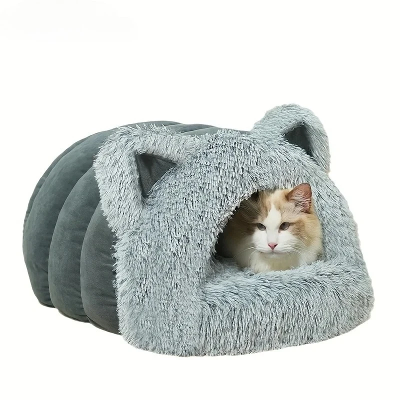 Enclosed Pet Bed Winter Warm Plush Hooded Cat Bed House with Cute Ears Indoor Nest Cave Comfort Kittens Hideaway for Small Do