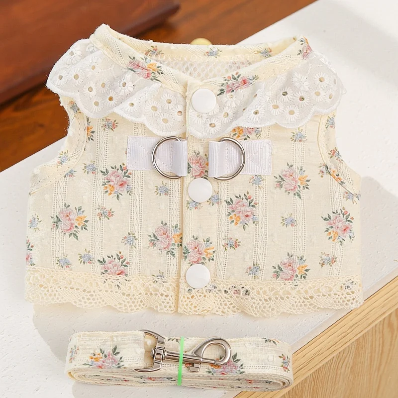 Sweet Lace Dog Harness with Rope Floral Print Pet Plaid Vest Fashion Puppy Jacket Summer Mesh Cat Harness Walking Pet Supplies - Image 7