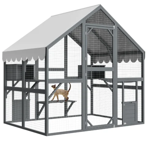 Large Outdoor Cat House 28sqft Wooden Cat Enclosure Walk-in Cat Catio with 2 Cat Doors 2 Playhouses & Hiding Spots Bridges Walkways Roof Cover Grey