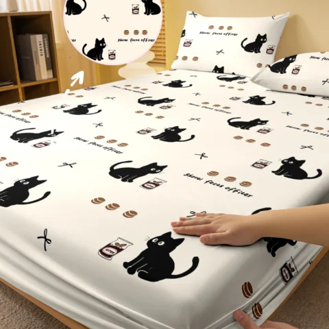 1 Cartoon Cute animal Cat printed matte Fitted Sheet, bedroom printed bed cover, bedding (excluding pillowcases)
