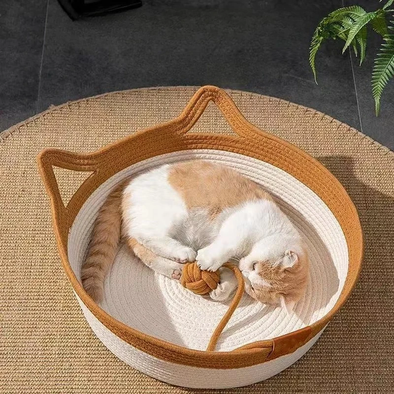 Cat Rattan Bed Round Hand Woven Kitten Bed Summer Wear-resistant Cooling Pet Bed Indoor Sleeping Universal House Pet Accessor