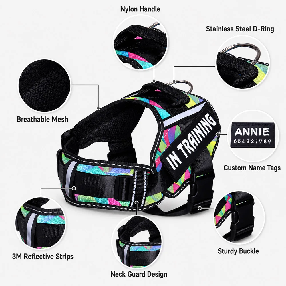 KOMMILIFE Adjustable Nylon Dog Harness Personalized Harness For Dogs Reflective Breathable Neck Guard Dog Harness Vest No Pul