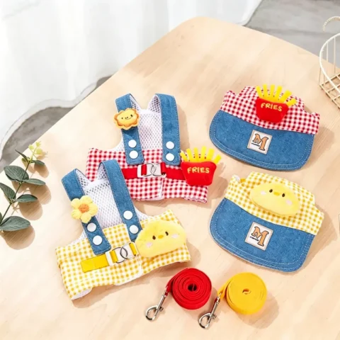 Cartoon 3Pcs Plaid Summer Puppy Vest Harness Pet Dog Harness Leash Sun Hat Set Dog Clothes Pet Chest Strap Cat Dog Accessorie