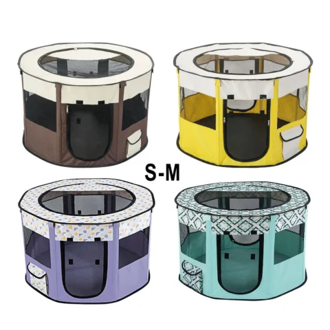 Foldable Dog Playpen, Portable Dog Cats Playpen with Removable Mesh Cover Zipper Top, Puppy Kitten Play Mesh Cage