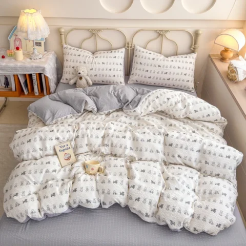 Korean Cute Dog Printed Bedding Set or Single Duvet Cover Ultra Soft Cloud Touch Seersucker Quilt Cover Aesthetic Bedroom Decor