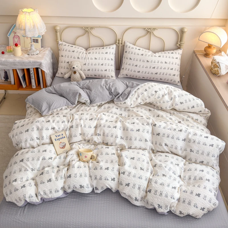 Korean Cute Dog Printed Bedding Set or Single Duvet Cover Ultra Soft Cloud Touch Seersucker Quilt Cover Aesthetic Bedroom Decor