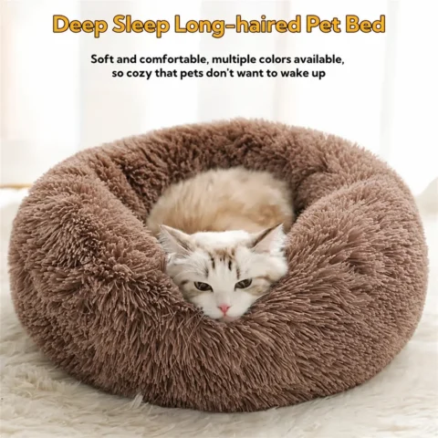 Soft Long Plush Cat House Beds Dog Calm Warm Faux Fur Bed Donut Round Comfortable Sleeping Bed Washable for Small Medium Dog Cat