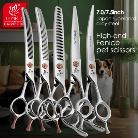 Fenice Japanese Steel 7 Inch Professional Pet Dogs Grooming Scissors Kit Straight&Curved &Thinner&Chunker&Fluffy Shear Scisso