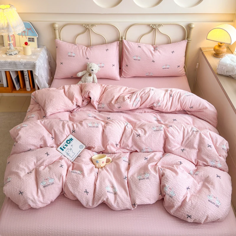 Korean Cute Dog Printed Bedding Set or Single Duvet Cover Ultra Soft Cloud Touch Seersucker Quilt Cover Aesthetic Bedroom Decor - Image 14