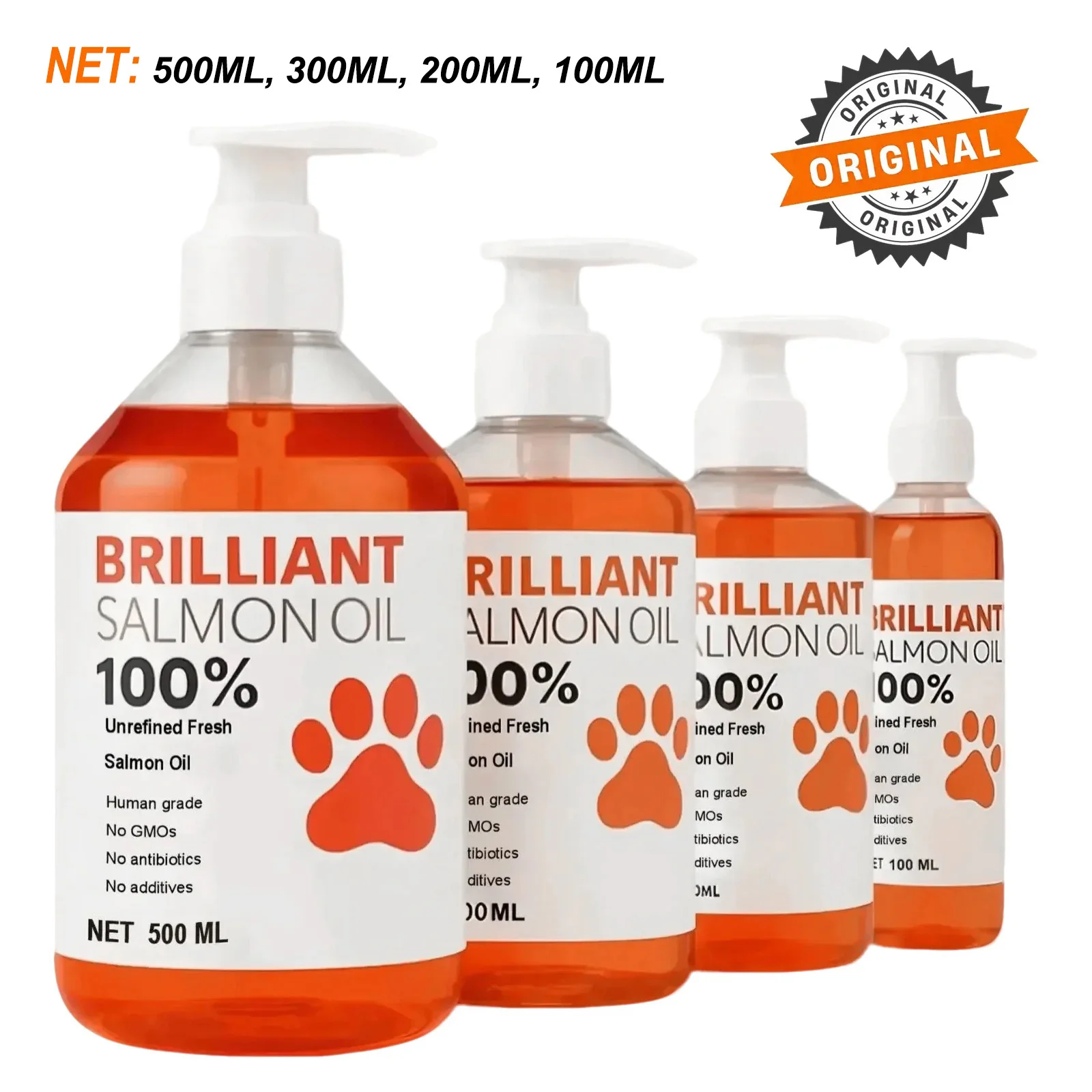 Human-Grade Salmon Oil (500ml, 300ml, 200ml 100ml) for Dogs & Cats Omega 3 Fatty Acids Supplement for Optimal Health & Nutrit