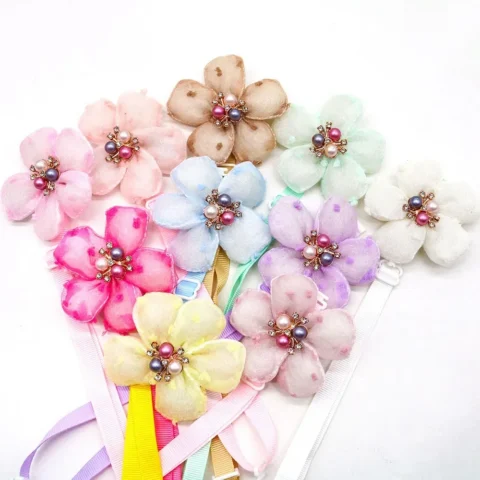 30pcs Spring Flower Pet Dog Bow Tie Fashion lace Pearl Bowties Collar For Dogs Pets Grooming Pet Accessories