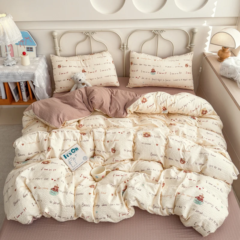 Korean Cute Dog Printed Bedding Set or Single Duvet Cover Ultra Soft Cloud Touch Seersucker Quilt Cover Aesthetic Bedroom Decor - Image 19