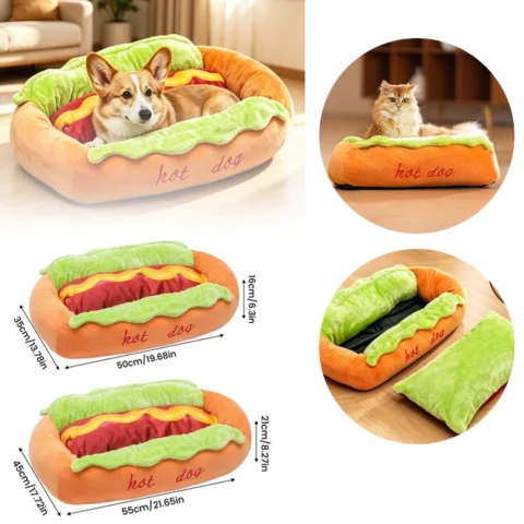 Hot Dog Shaped Pet Bed Soft Plush Dog Lounger Cat Sleeping Cushion Warm House Removable Washable Puppy Bed for Cats Dogs