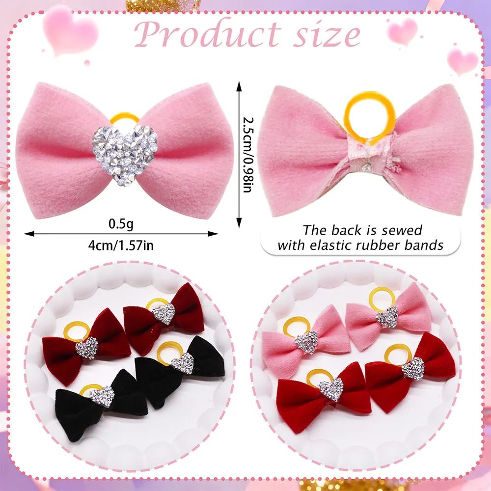 2PCS Diamonds Dog Bows With Rubber Bands Handmade Puppy Bowknots Valentine's Day Dog Hair Accessories Pet Supplies For Dogs