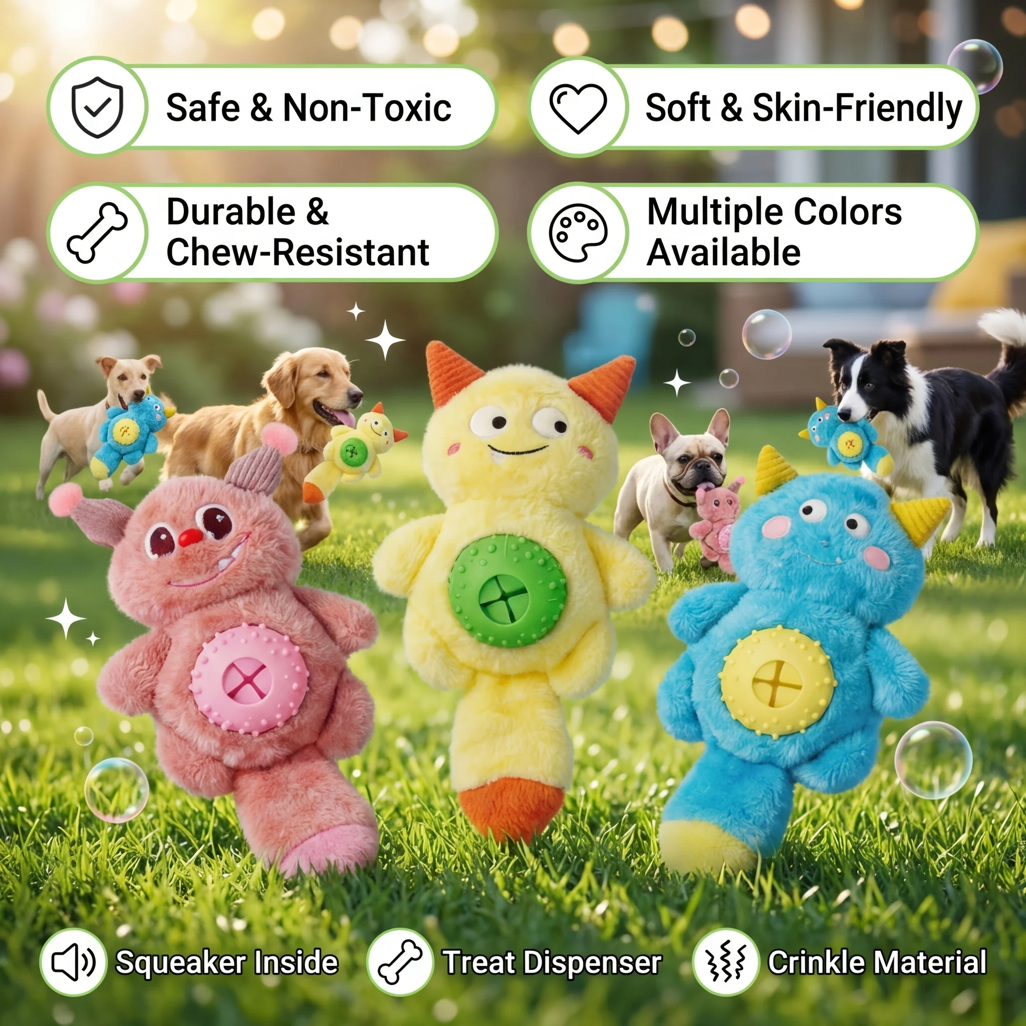 Cute Monster Plush Dog Toy, Built-in Sound Generator and Crinkle Paper, Interactive Chew Treat Dispenser for Puppies & Dogs