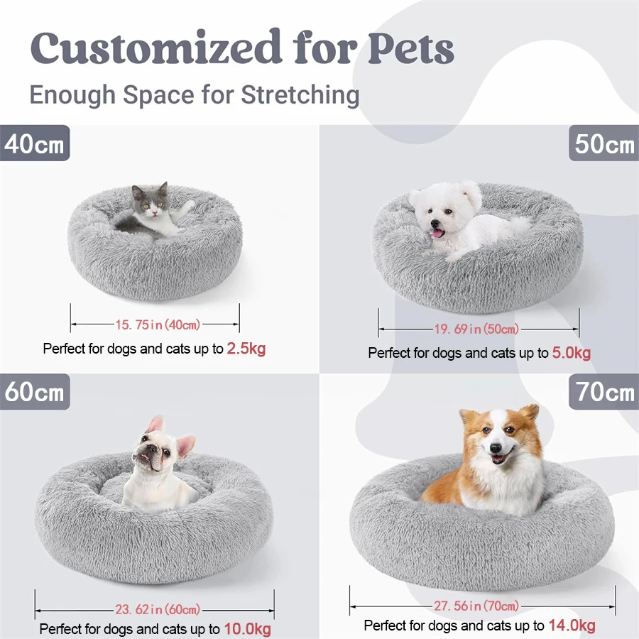 Soft Long Plush Cat House Beds Dog Calm Warm Faux Fur Bed Donut Round Comfortable Sleeping Bed Washable for Small Medium Dog