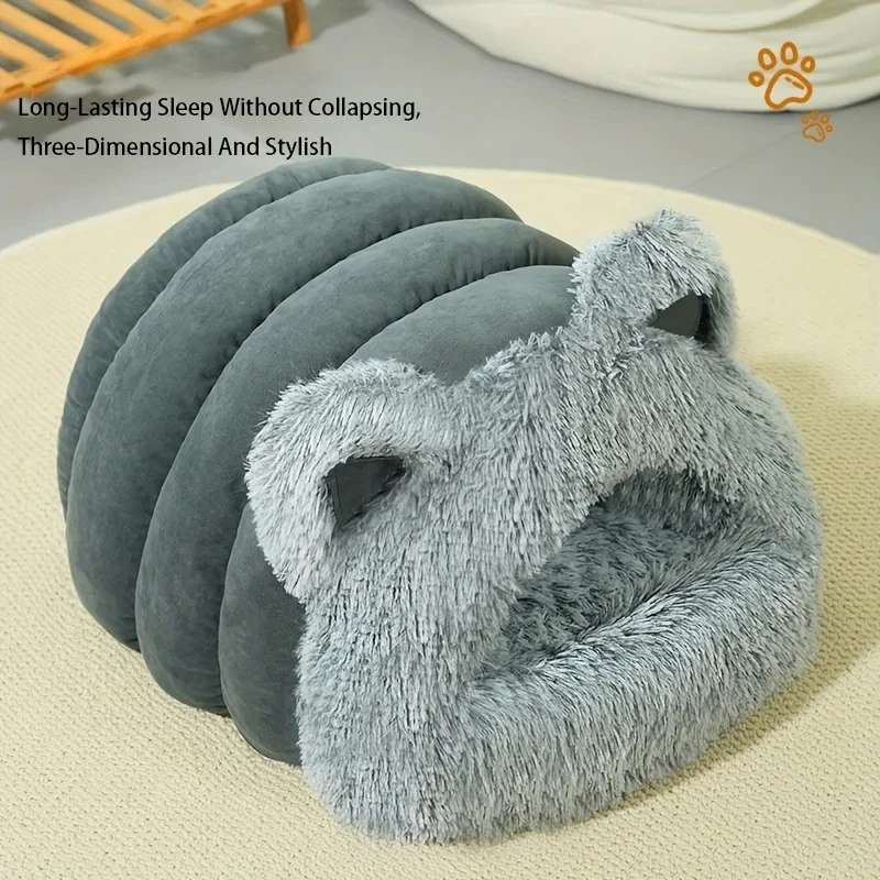 Enclosed Pet Bed Winter Warm Plush Hooded Cat Bed House with Cute Ears Indoor Nest Cave Comfort Kittens Hideaway for Small Do