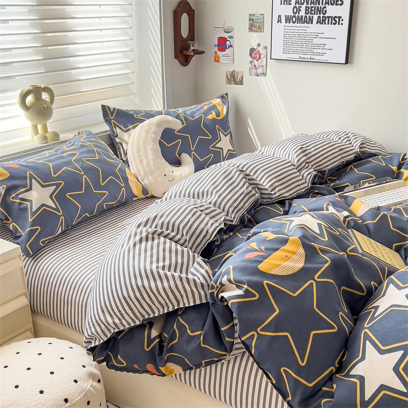 New Cute Stars Printed Bedding Set 4/3/1 Pcs Skin-friedly Breathable Duvet Covers Comfortable Durable Single Double Quilt Cov