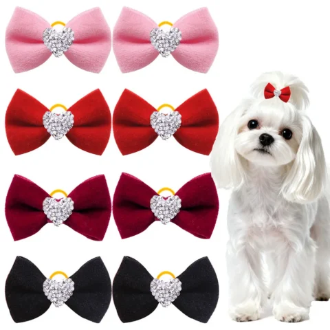 2PCS Diamonds Dog Bows With Rubber Bands Handmade Puppy Bowknots Valentine's Day Dog Hair Accessories Pet Supplies For Dogs