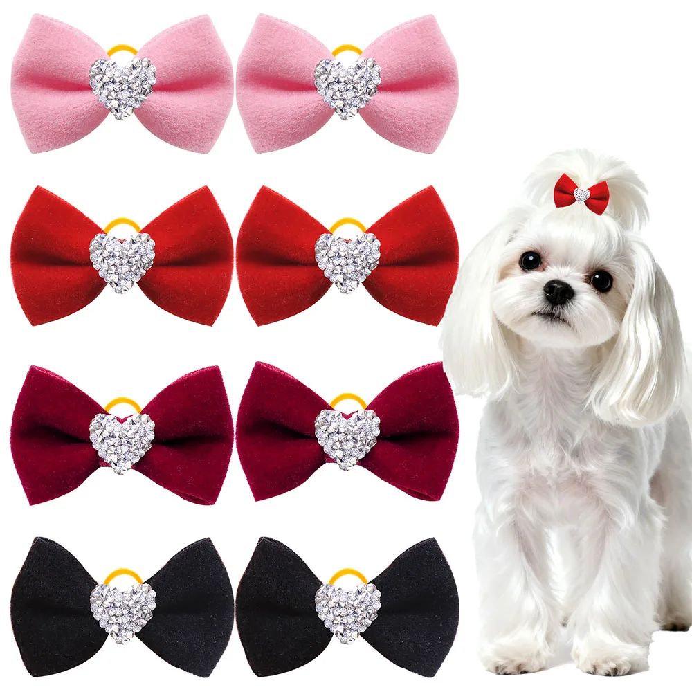 2PCS Diamonds Dog Bows With Rubber Bands Handmade Puppy Bowknots Valentine's Day Dog Hair Accessories Pet Supplies For Dogs