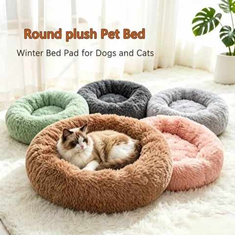 Soft Pet Cat Bed Pad Plush Warm Faux Fur Dog Calm Bed Donut Round Bed Comfortable Sleeping Washable for Small Medium Dog and 