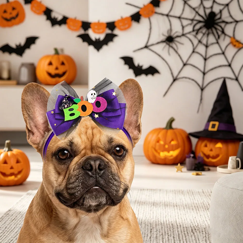 2/4PCS Cartoon Halloween Dog Hair Bows Pumpkin Decorate Adjustable Elastic Dog Bows Lace Puppy Grooming Accessories For Dogs