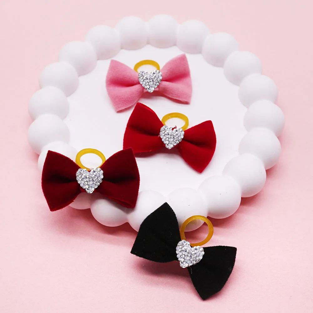 2PCS Diamonds Dog Bows With Rubber Bands Handmade Puppy Bowknots Valentine's Day Dog Hair Accessories Pet Supplies For Dogs