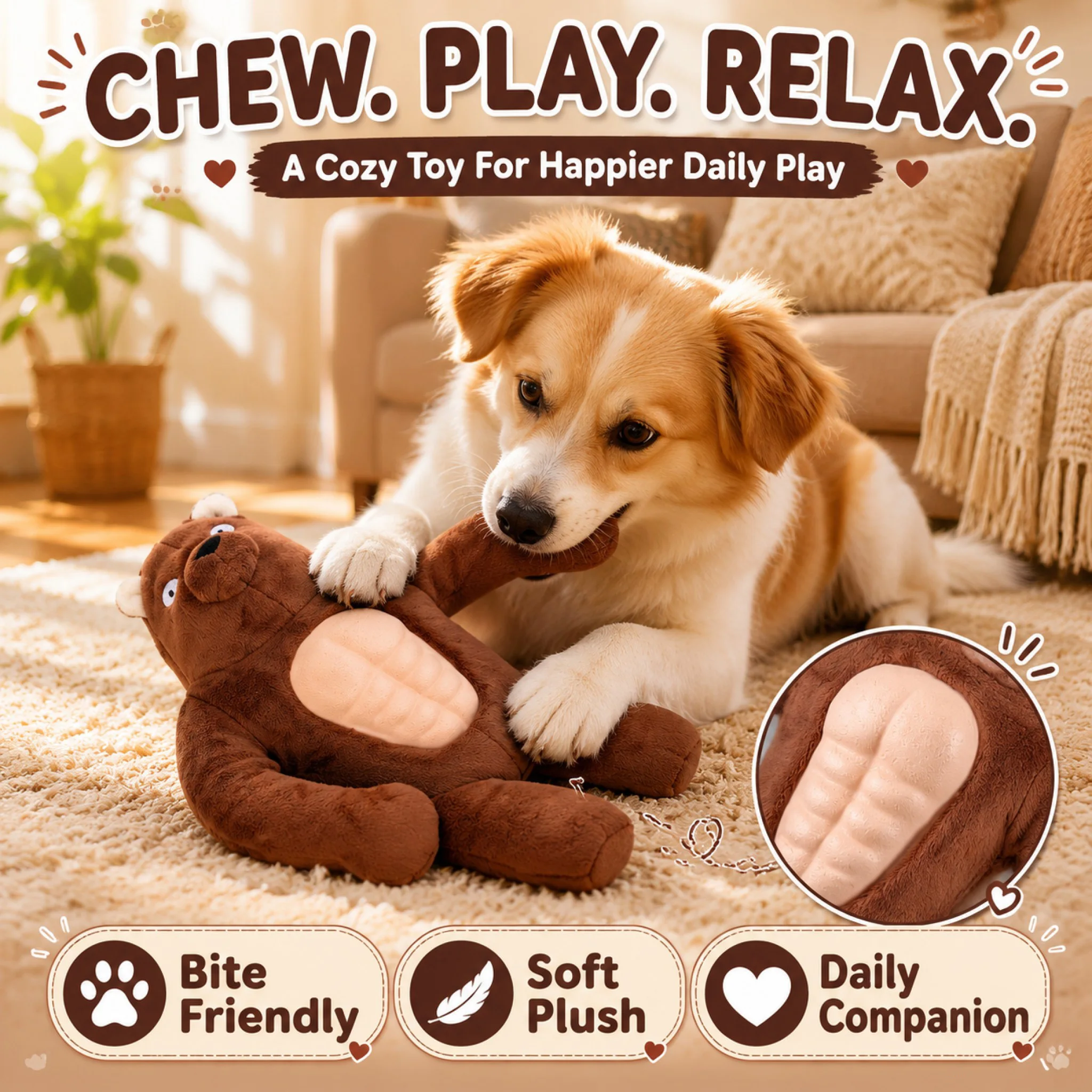 Squeaky Muscle Bear Dog Toy Plush Interactive Chew Toy Natural Rubber Belly Built in Squeaker for Small Medium Large Dogs Pla