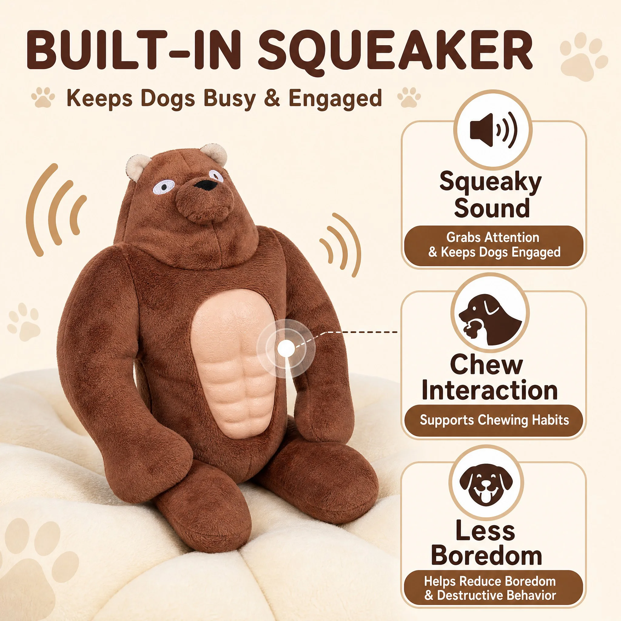 Squeaky Muscle Bear Dog Toy Plush Interactive Chew Toy Natural Rubber Belly Built in Squeaker for Small Medium Large Dogs Pla