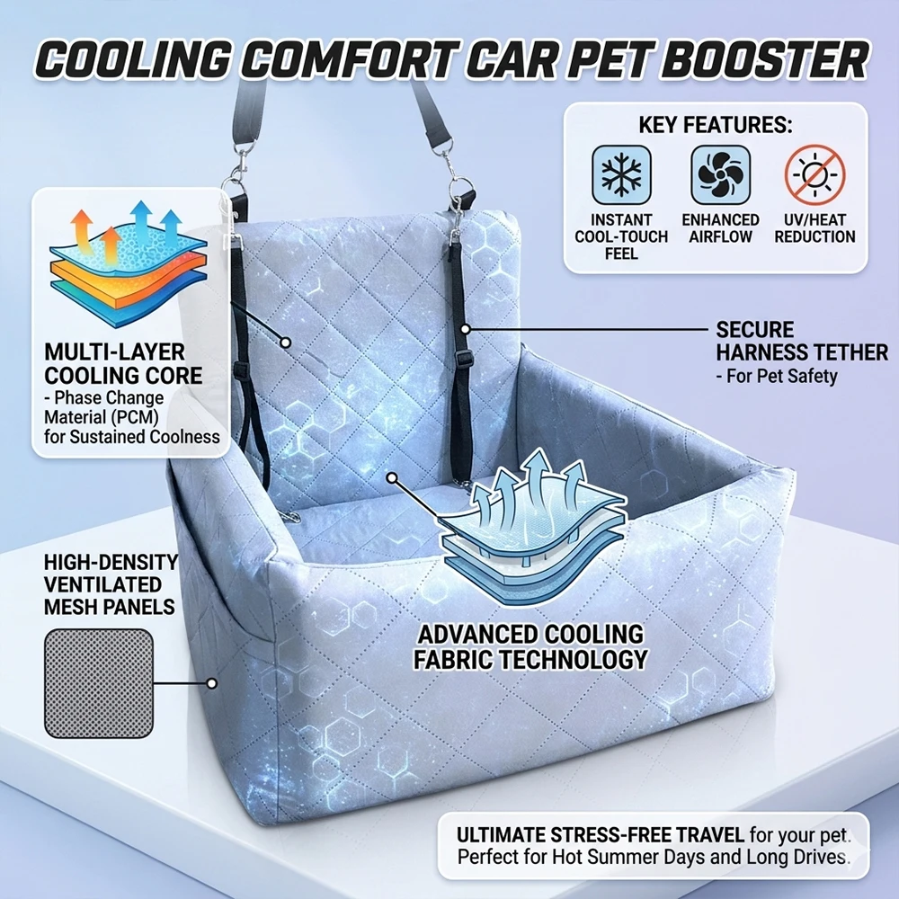 1 PC Ice Cooling Dog Car Booster Seat Pet Travel Bed Waterproof Scratch-Proof Puppy Cat Safety Carrier with Tether Non-Slip B