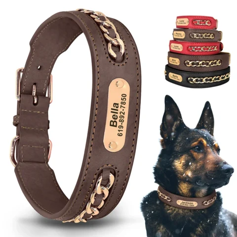 Custom Leather Dog Collar Accessories Personalized ID Tag Nameplate Collars For Small Medium Large Dogs French Bulldog Pitbul