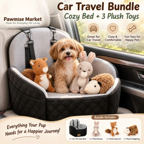 4-Piece Dog Car Seat Bed Set, Cozy Travel Pet Bed with Adjustable Securing Straps & 3 Squeaky Plush Toys, Soft Car Seat Cushion for Small Dogs and Puppies