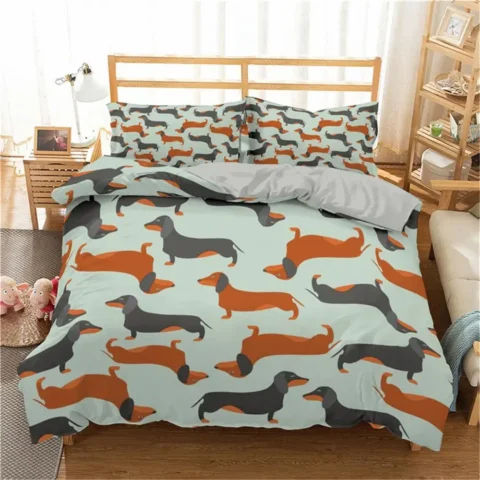 Cartoon Dachshund Bedding Set Cute Sausage Dog Duvet Cover Set Pet Puppy Printed Comforter Cover Animal Quilt Cover