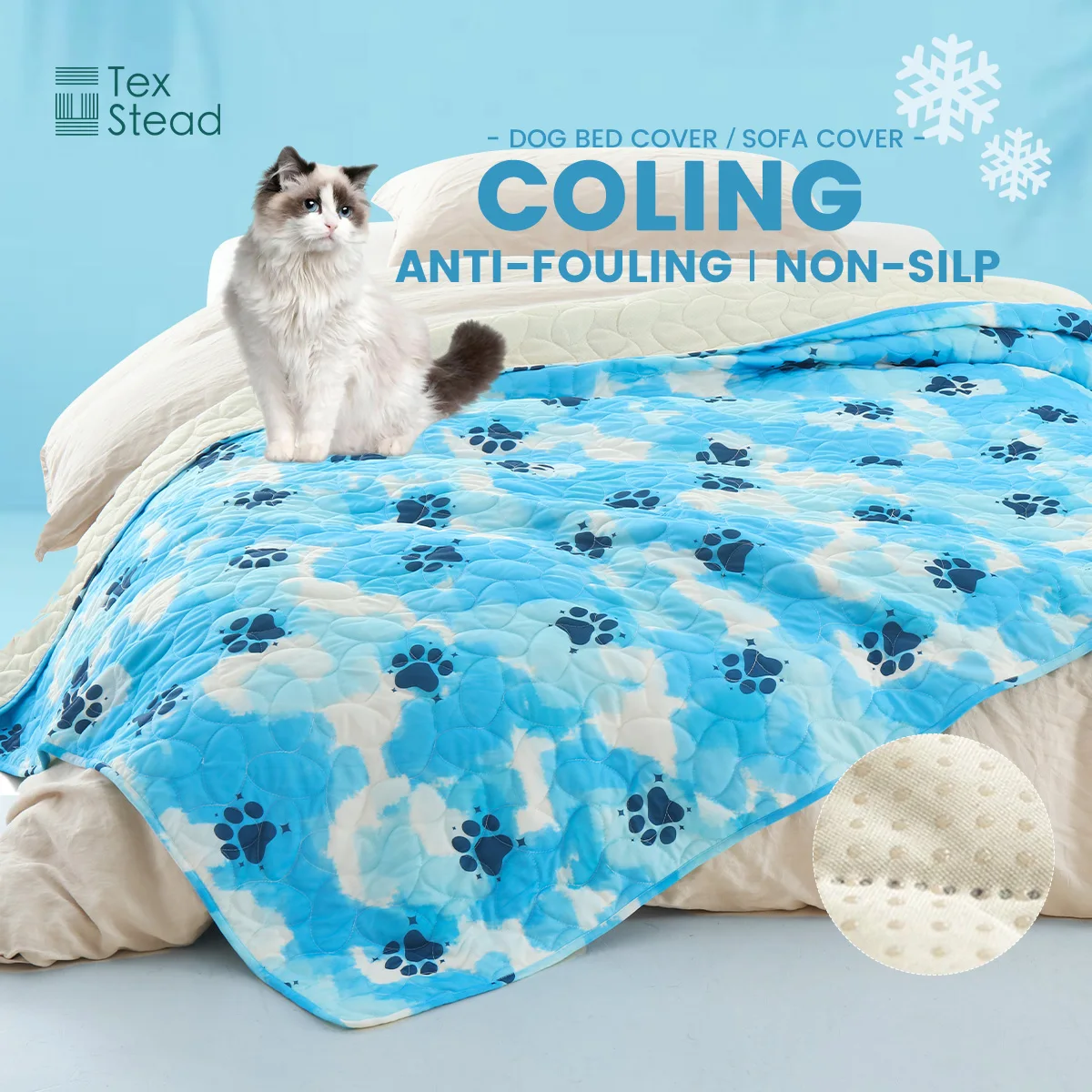 TexStead Blue Paw Print Cooling Mat for Dogs & Cats, Breathable Washable Pet Bed Cover with Non-Slip Backing, Summer Anti-Fou