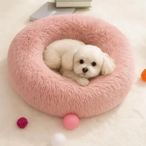 Fluffy Round Donuts Dog Bed Sofa Plush Couch for Small Cat Bed Soft Cozy Pet Mat in Beige Brown Gray Pink Blue Sizes S to XXXL