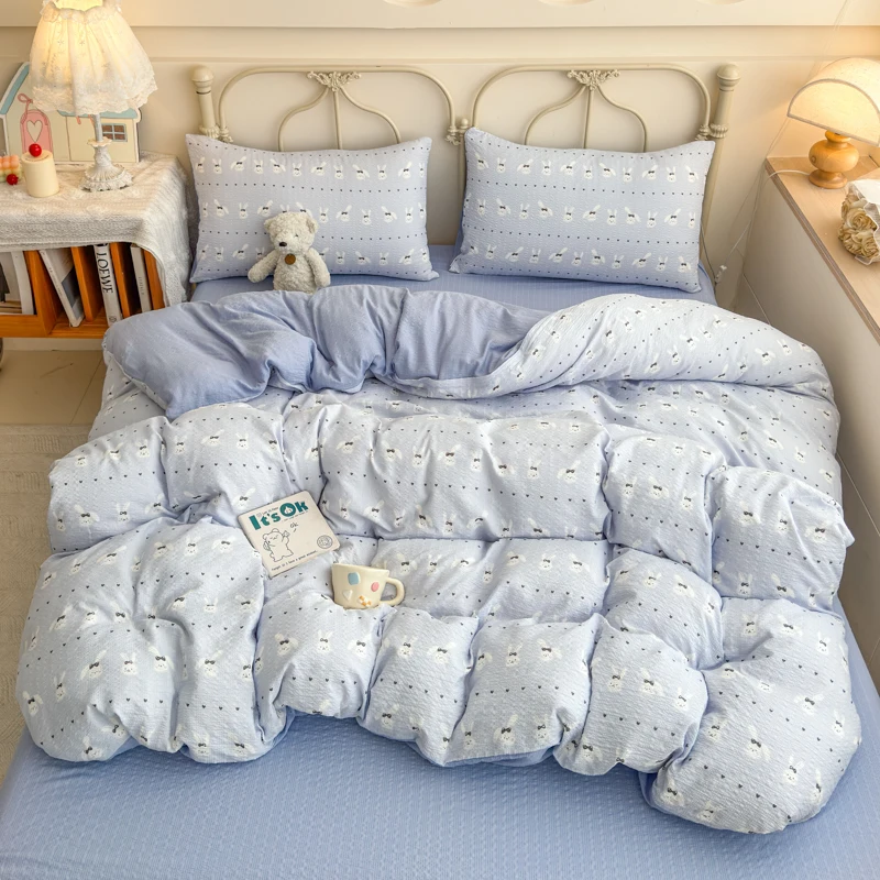 Korean Cute Dog Printed Bedding Set or Single Duvet Cover Ultra Soft Cloud Touch Seersucker Quilt Cover Aesthetic Bedroom Decor - Image 15