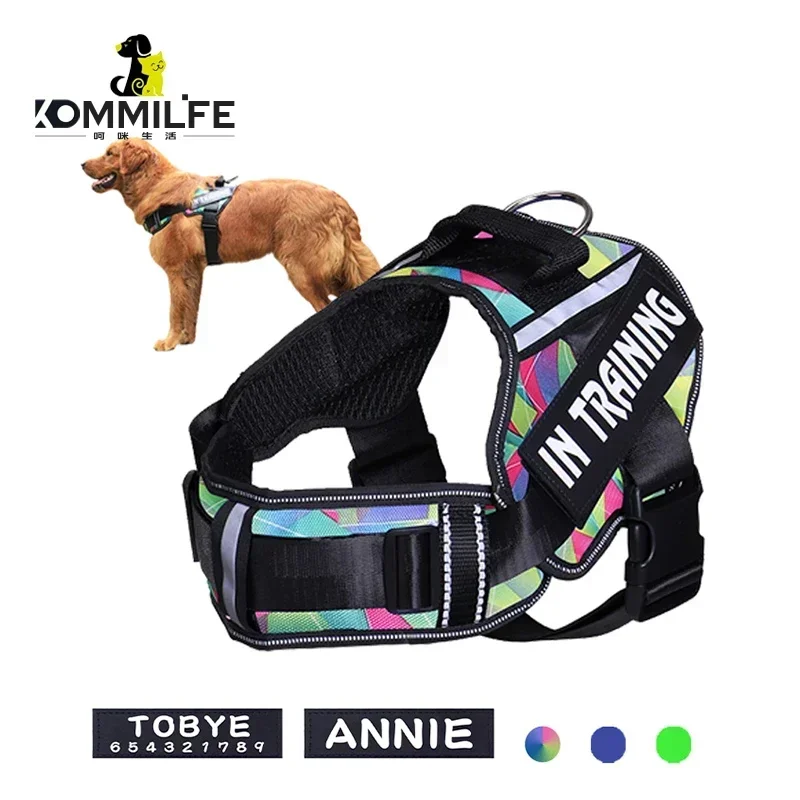 KOMMILIFE Adjustable Nylon Dog Harness Personalized Harness For Dogs Reflective Breathable Neck Guard Dog Harness Vest No Pul