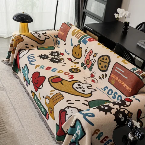 Cartoon Sofa Cover Reversible Stretchable Non-Slip Slipcover for L-Shaped 2 3 4 Seater Couch