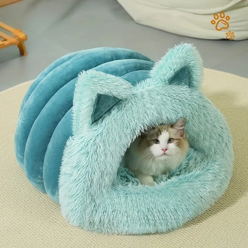Enclosed Pet Bed Winter Warm Plush Hooded Cat Bed House with Cute Ears Indoor Nest Cave Comfort Kittens Hideaway for Small Do