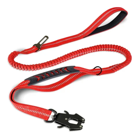Tactical Dog Leash Heavy Duty, 4-6FT Shock Absorbing Bungee Lead with 2 Padded Handle, Metal Carabiner Clip, Car Seatbelt, St