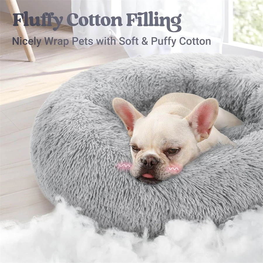 Soft Long Plush Cat House Beds Dog Calm Warm Faux Fur Bed Donut Round Comfortable Sleeping Bed Washable for Small Medium Dog